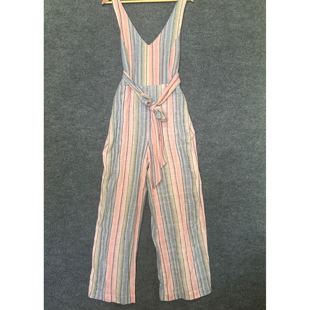 Indigo Rein Striped Wide Leg Jumper Linen Rayon Blend Smocked‎ Back Size L